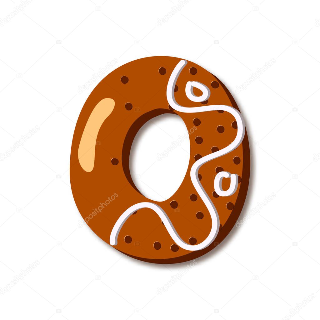 Cute letter O in form of cookies. Glazed Christmas food gingerbread. Sweet biscuit alphabet with frosting. Figures decorated icing sugar Isolated on white background. Flat style vector illustration.