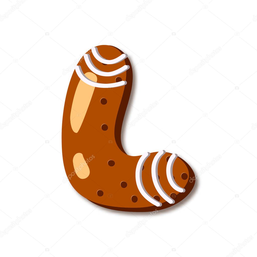 Cute letter L in form of cookies. Glazed Christmas food gingerbread. Sweet biscuit alphabet with frosting. Figures decorated icing sugar Isolated on white background. Flat style vector illustration.