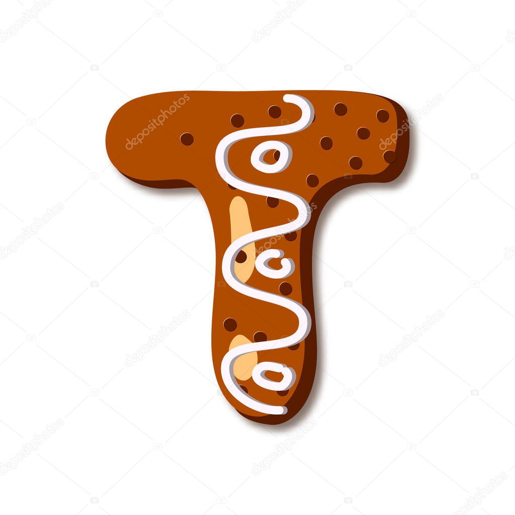 Cute letter T in form of cookies. Glazed Christmas food gingerbread. Sweet biscuit alphabet with frosting. Figures decorated icing sugar Isolated on white background. Flat style vector illustration.