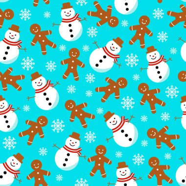 Kusursuz bir Noel modeli. Xmas zencefilli ekmeği, kar taneleri ve mavi arka planda kardan adam. Mutlu yıllar ve sonsuz Xmas şablonu. Kış tatili hediye tasarımı. Vektör illüstrasyonu.