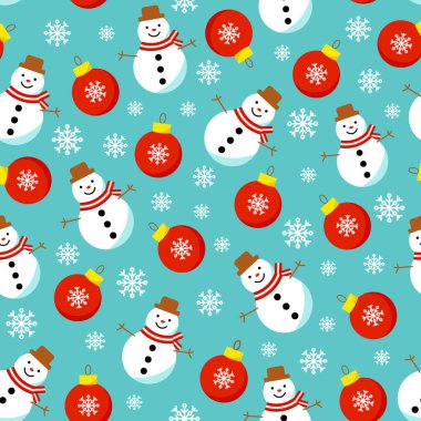 Kusursuz bir Noel modeli. Mavi arka planda kardan adamlar, kar taneleri ve Xmas süslemeleri. Mutlu yıllar ve mutlu noeller sonsuz hediye şablonu. Kış tatili paketleme tasarımı. Vektör illüstrasyonu. 