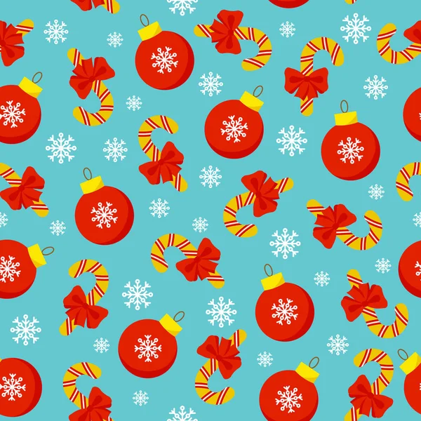 Seamless Christmas pattern. Xmas decorations, snowflakes and candy canes on blue background. Happy New Year and Merry Xmas endless template.Winter holidays gift design. Vector illustration.