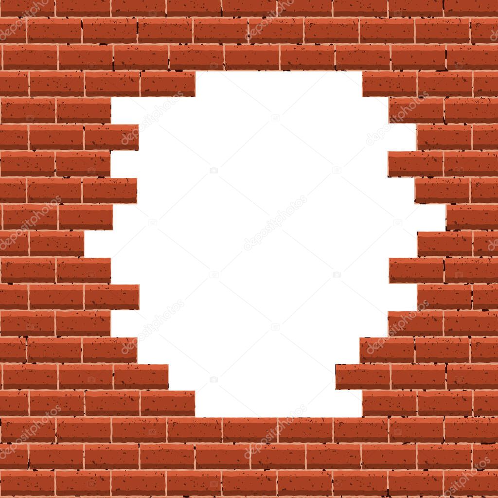 White hole in broken red brick wall. Textured background. Vector illustration.