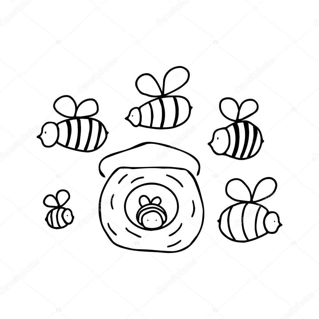 Flying simple little bees. Hand drawn doodle insects isolated on white background. Vector illustration.