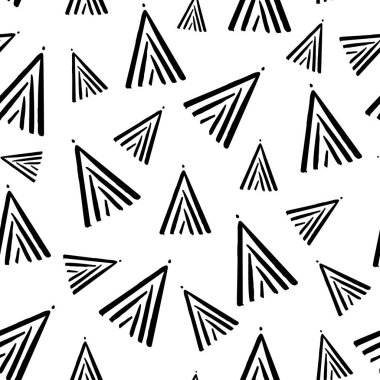Minimalist elle çizilmiş kusursuz tek renkli desenli siyah Noel ağacı beyaz arka planda izole edilmiş. En az yeni yıl konsepti. Vektör çizimi. Kart, davetiye, afiş, ambalaj, baskı