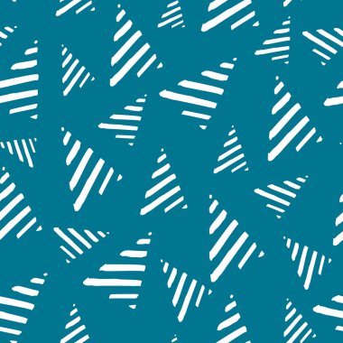 Mozaik mavi arka planda izole edilmiş, minimalist elle çizilmiş beyaz Noel ağaçları ile kusursuz bir eğilim modeli. Yeni yıl az yaratıcı bir kavram. Vektör çizimi. Duvar kağıdı, kumaş, tekstil.