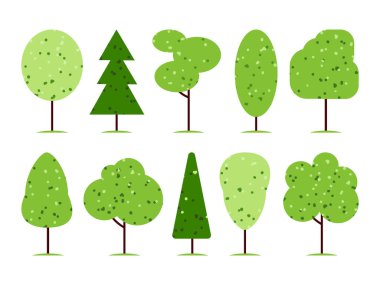 Beyaz zemin üzerinde basit düz desenli ağaçlar. Soyut biçimlendirilmiş bitki silueti simgeleri. Vektör illüstrasyonu. 