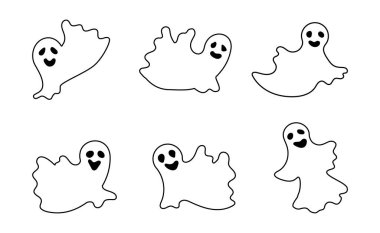 Beyaz arka planda izole edilmiş uçan hayaletler. Ürkütücü komik sevimli karakter. Cadılar Bayramı çizgi filmi karalamaları. Tebrik kartı, hediye kutusu, duvar kağıdı, kumaş için tasarım. Vektör İllüstrasyonu.