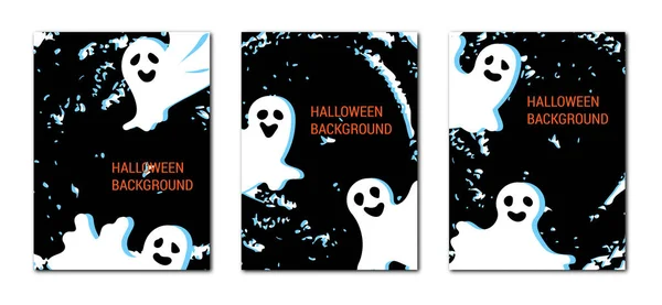 Conjunto Diseños Pancartas Halloween Con Fantasmas Voladores Sobre Fondo Negro — Archivo Imágenes Vectoriales