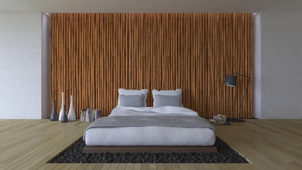 3ds bed en bamboe muur — Stockfoto