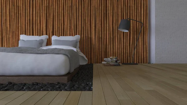 3ds bed en bamboe muur — Stockfoto