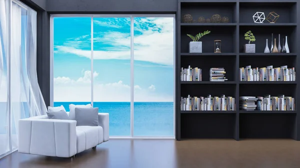 3D-zeezicht woonkamer — Stockfoto