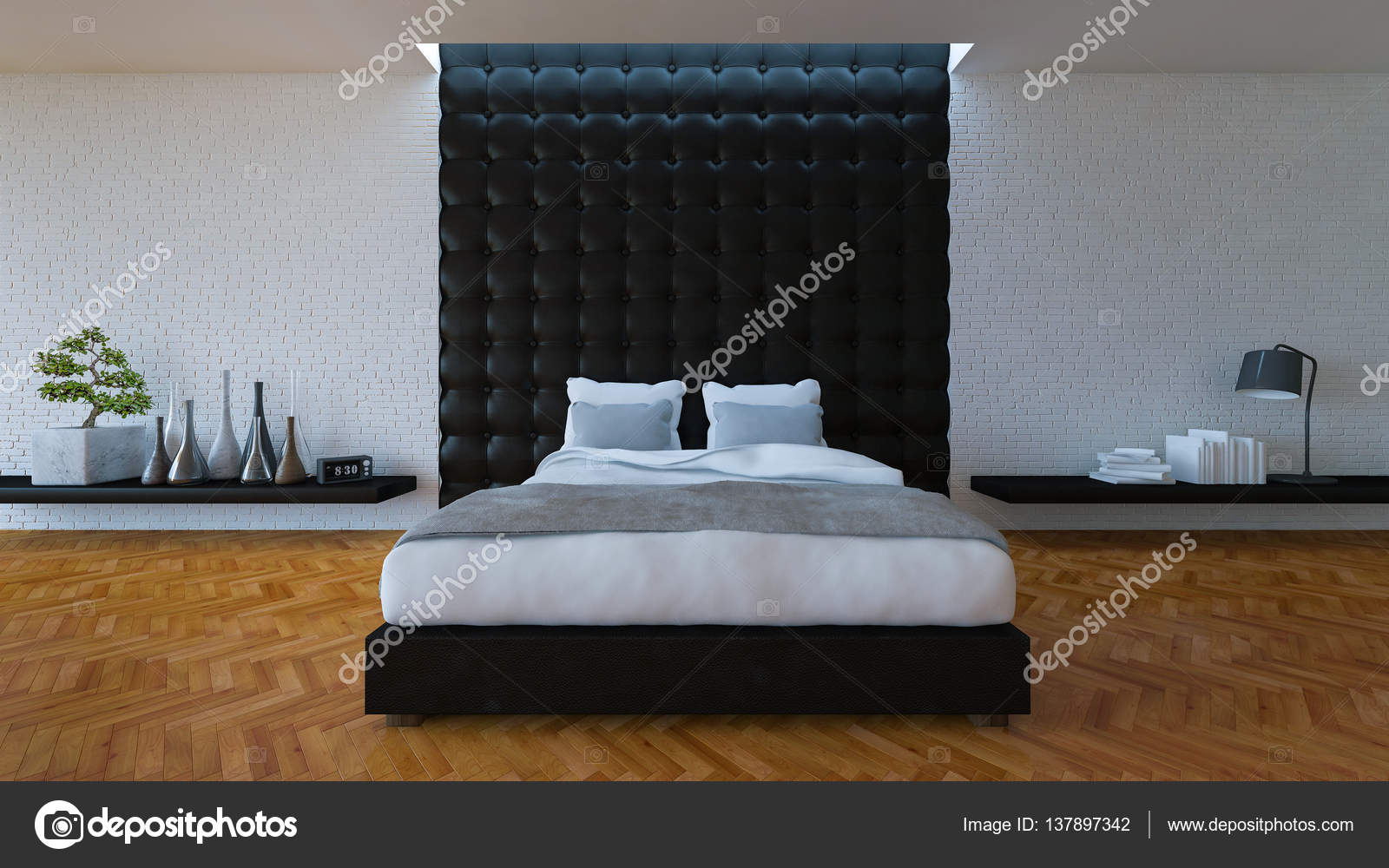 3D slaapkamer met lederen wand — Stockfoto © Neode #137897342 3D slaapkamer met lederen wand — Stockfoto © Neode #137897342