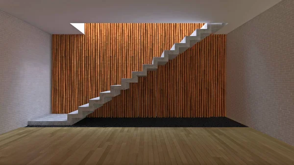3d design de interiores de sala com parede de bambu — Fotografia de Stock