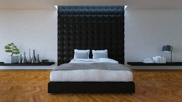 3D slaapkamer met lederen wand — Stockfoto