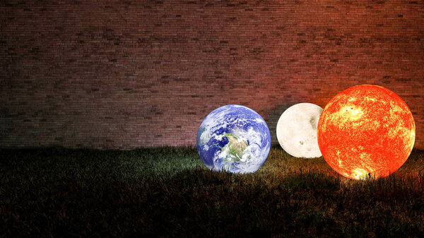 3d rendering of Sun, Moon and Earth place on grasses field