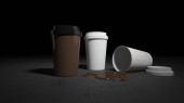 Mockup obrázek 3D vykreslování bílých a hnědých šálků kávy. 