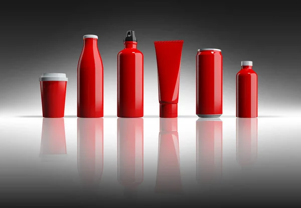 Imagem Mockup de renderização 3d de garrafas e latas vermelhas — Fotografia de Stock