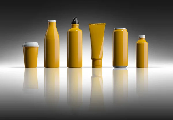 Mockup picture of 3d rendering of yellow bottles and cans — Stock Photo, Image