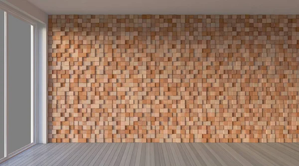 Візуалізація Зображення Внутрішньої Вітальні Кубічною Дерев Яною Стіною Макет Перегляду — стокове фото