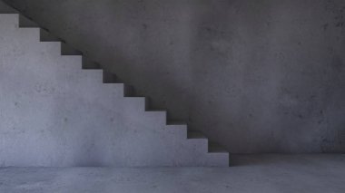Üzerinde fotoğraf çerçevesi olan üç boyutlu beton merdiven ve kablo rafı görüntüsü. Fotoğraf çerçevesi maketi.