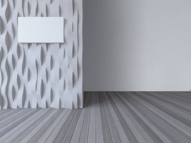 İç tasarımın 3 boyutlu görüntüsü eğri bir duvar ve ahşap zeminde beton bir duvar var.