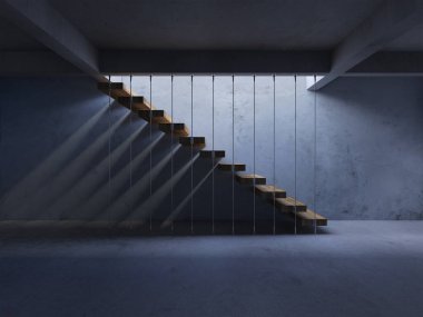 3D görüntüde asılı tahta merdiven cadısının duvarda gölgesi var..