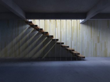 3D görüntüde asılı tahta merdiven cadısının duvarda gölgesi var..