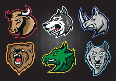 Bir spor takımı için boğa, köpek, gergedan, ayı, ejderha, kurt kafalı modern profesyonel logo seti.