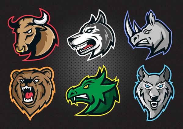 Moderne professionele logo set met stier, hond, neushoorn, beer, draak, wolf hoofd, voor een sport team — Stockvector