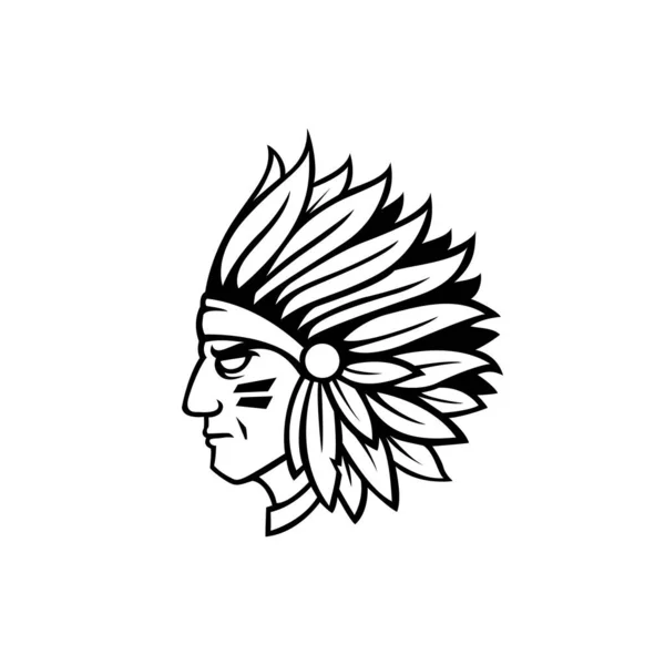 Chefe Índio Nativo Americano Silhueta Logo Emblema Vetor Monocromático —  Vetores de Stock
