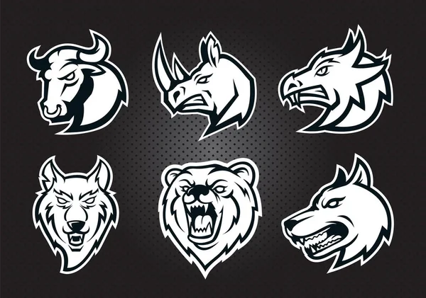 Monochromatické Logo Set Bull Nosorožec Vlk Pes Medvěd Drak Hlava — Stockový vektor