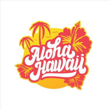 Aloha Hawaii çiçek desenli. Yaz cenneti ifadesi. Sörfle ilgili giyim tasarımı