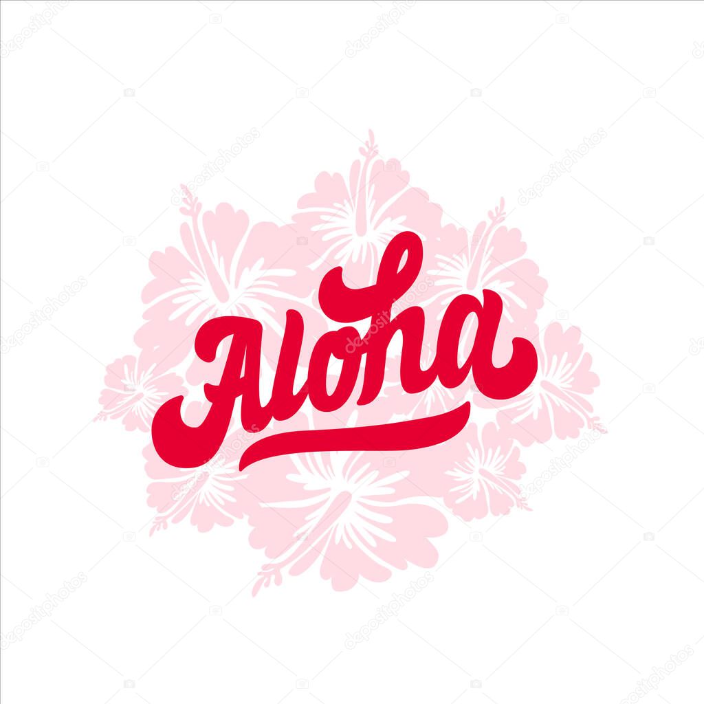 intage Aloha text, emblem and logo isolated on white. Hand drawn Aloha Hawaiian word for hawaii shirt print or sign