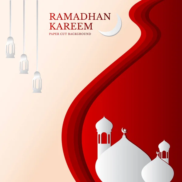 Cami Yıldız Fener Tasviri Ramadhan Kareem Arka Planında Kırmızı Kağıt — Stok Vektör