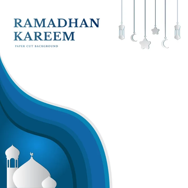 Cami Yıldız Fener Tasviri Ramadhan Kareem Arka Planında Mavi Beyaz — Stok Vektör