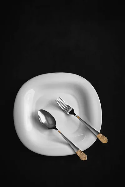 Large White Square Plate Beautiful Fork Knife Black Background — Stock Photo, Image