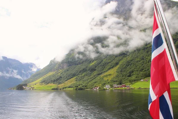 Norwegian Fjord Covered Low Clouds Viewed Cruise Ship — Stock Photo, Image