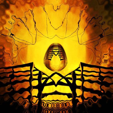 Güneş batarken, soyut desenler ve tasarımlar olarak altı köşeli mozaik efekt ve su yansıması ile dikenli tel silueti. 