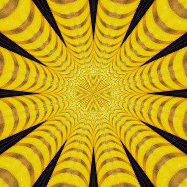 parlak sarı PVC plastik boru siyah arkaplan ile kaleydoskop deseni ve tasarımı dönüştürüldü