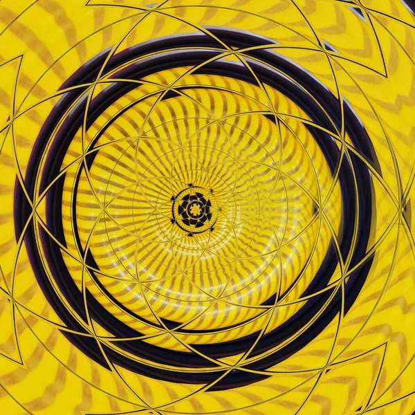 Vivid Bright Yellow Pvc Plastic Pipe Black Background Transformed Kaleidoscope — Stock Photo, Image