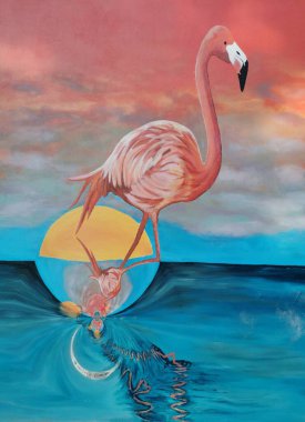 Birçok parlak Avrupa flamingo desenleri pembe arka planlı çağdaş sanat