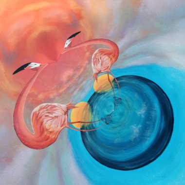 Birçok parlak Avrupa flamingo desenleri pembe arka planlı çağdaş sanat