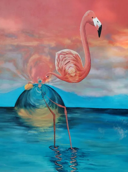 Birçok parlak Avrupa flamingo desenleri pembe arka planlı çağdaş sanat
