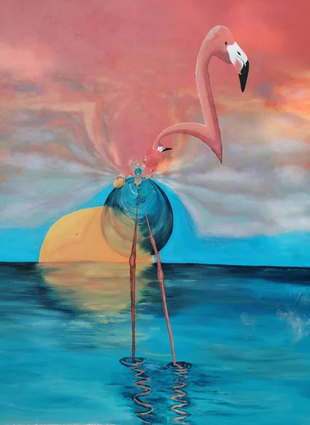 ピンクの背景を持つ多くの明るいヨーロッパのフラミンゴのパターン現代美術 — ストック写真