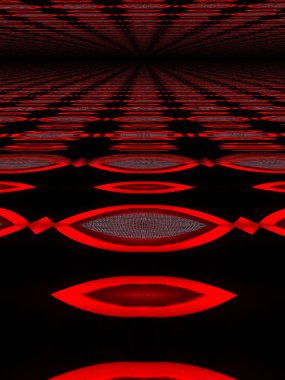 Siyah arkaplan görünümünde canlı kırmızı elek desenleri, çağdaş eğri desenler ve tasarım