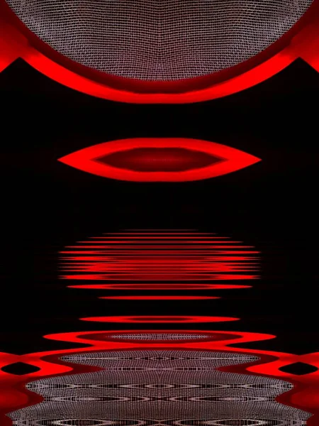 生动的红色筛网图案当代弯曲图案及黑色背景纹波反射的设计 — 图库照片