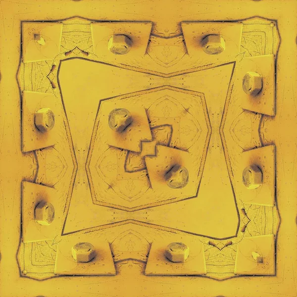 1つの明るい黄色の正方形のフォーマットは 複雑なパターンやデザインに変換反射によって巨大な産業用ボルトを描いた — ストック写真