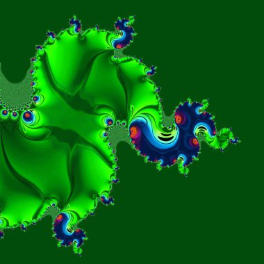 Yeni parlak yeşil neon lekeli lavabo, küçük mor ve turuncu, şekillere çeşitli yansımalarla desenler ve bunlar da karmaşık, benzersiz Julia tarzı fraktal tasarımlara dönüşüyor.