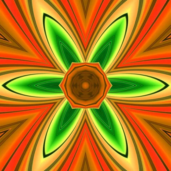 最初重复使用的绿色和橙色阴影产生了许多复杂的未来径向六边形花卉奇幻图案和设计 — 图库照片